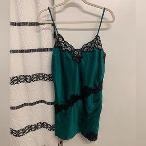 Vintage Gold Label Victoria’s Secret Emerald Green with Black Lace Chemise